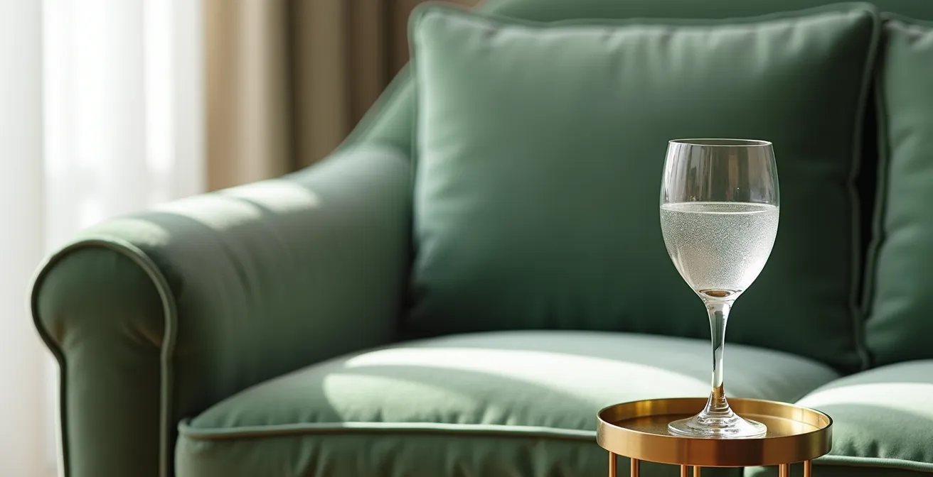 Samtsofa mit filigranen Goldakzenten im sommerlichen Ambiente