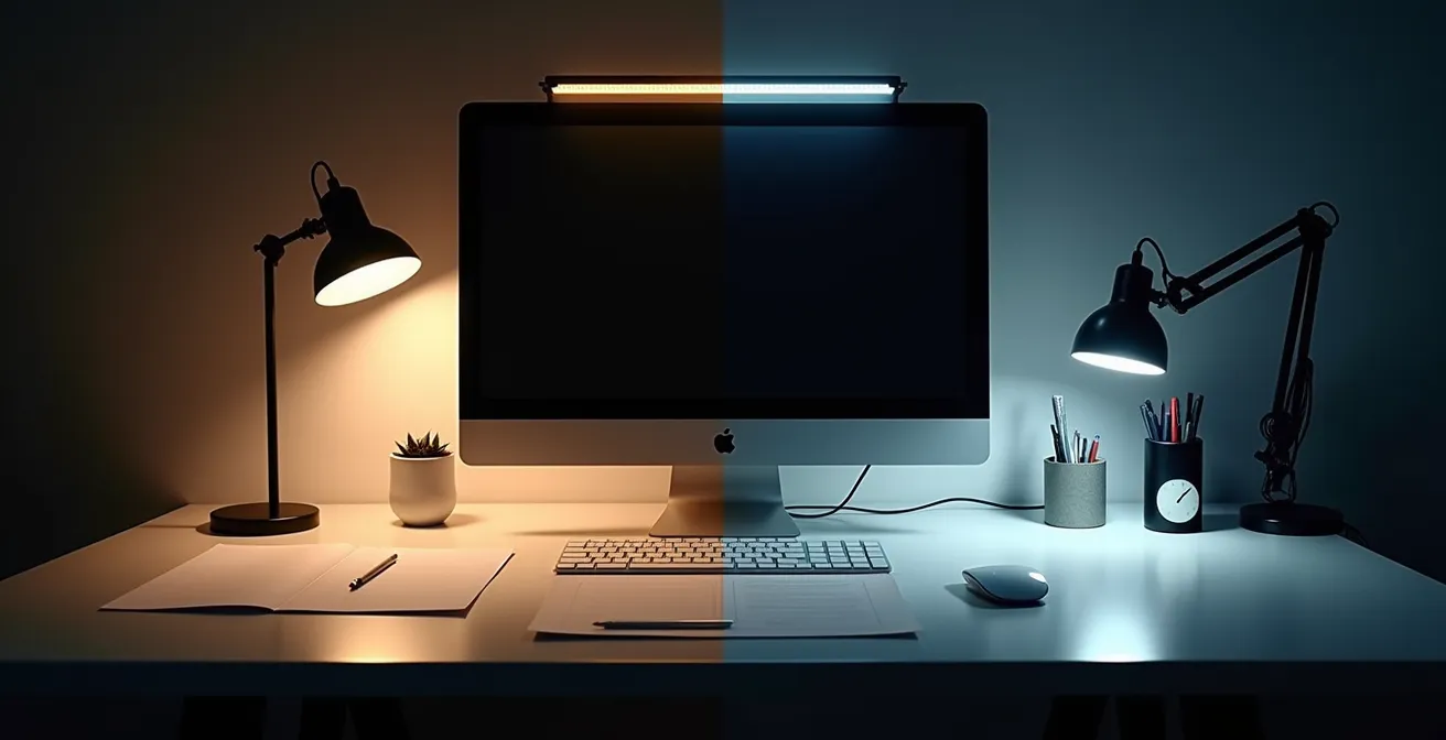 Vergleich zwischen Screenbar und traditioneller Schreibtischlampe am Arbeitsplatz