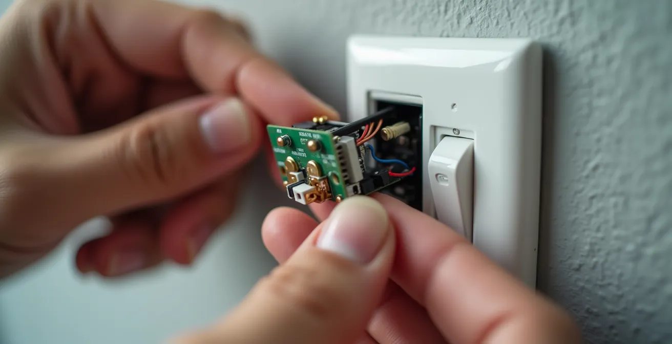 Nahaufnahme einer Hand, die einen smarten Unterputz-Aktor hinter einem klassischen Lichtschalter installiert