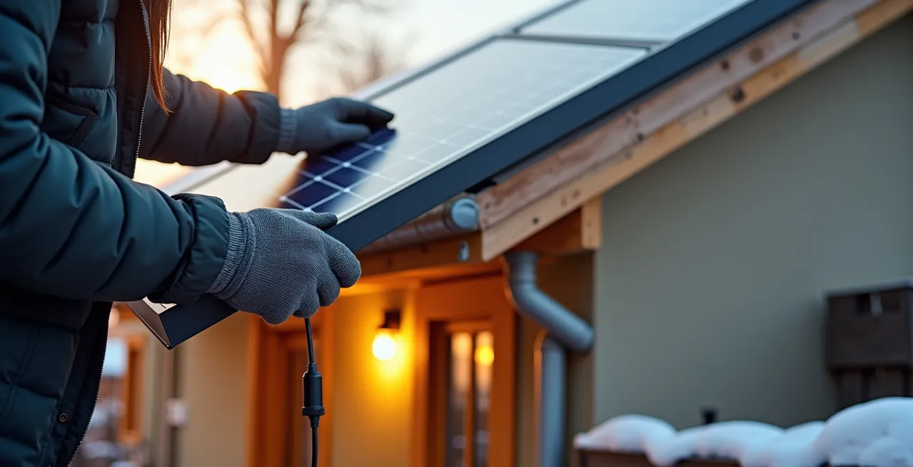 Solarleuchte mit separatem Panel im verschneiten deutschen Garten