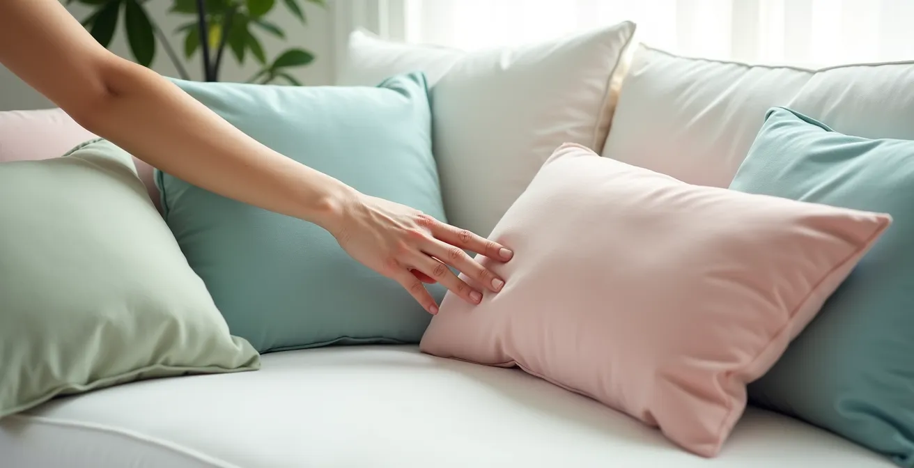 Helle Samtkissen in Pastellfarben auf weissem Leinensofa, luftige Sommeratmosphäre