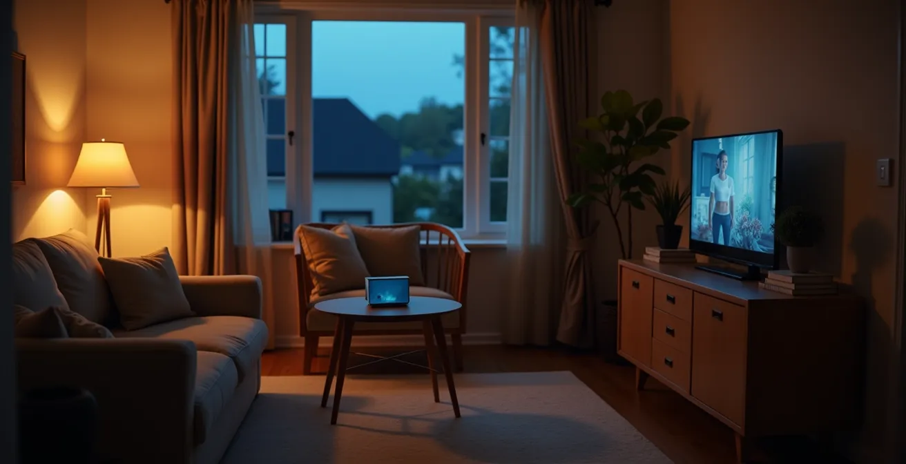 Gemütliches Wohnzimmer in der Abenddämmerung mit verschiedenen smart gesteuerten Lichtquellen und einem Smart Speaker auf dem Sideboard
