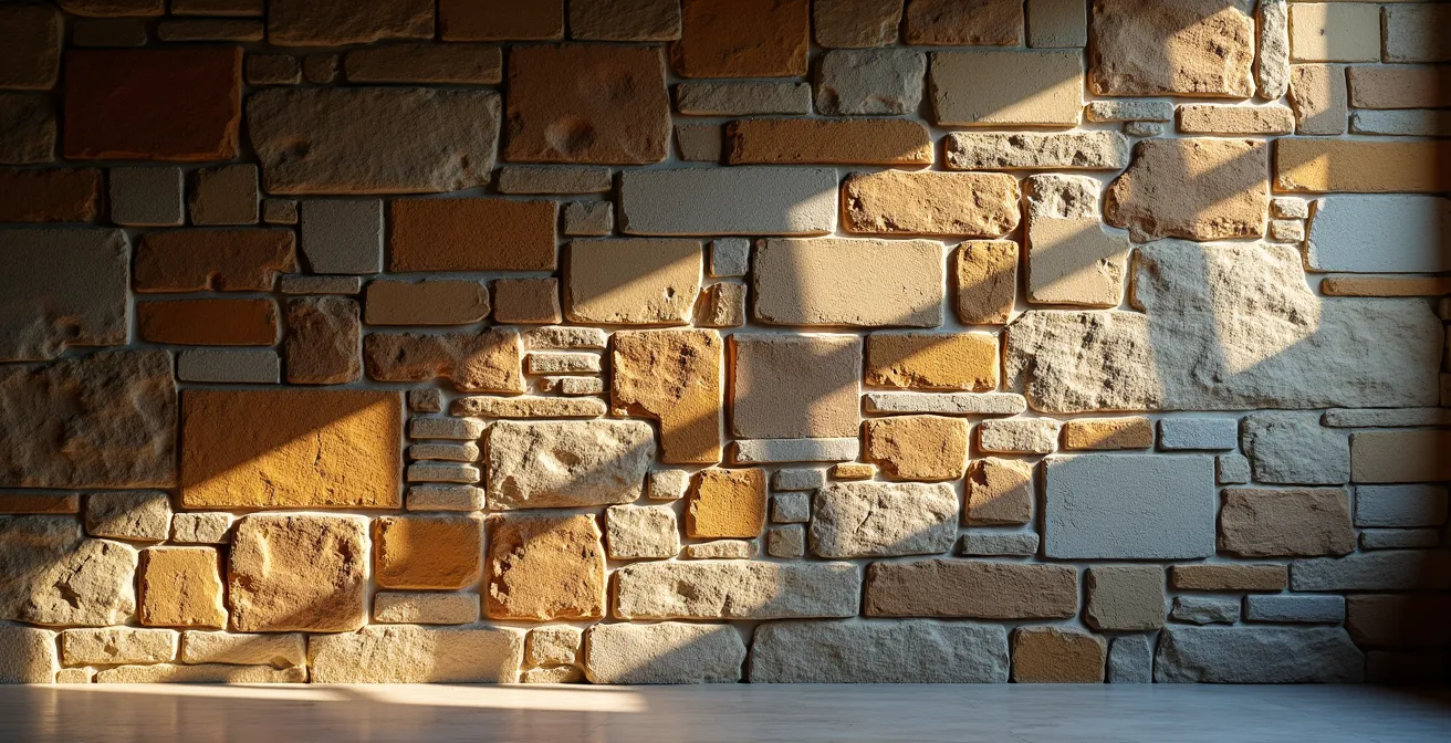 Dramatische Streiflicht-Beleuchtung einer rustikalen Steinwand von unten