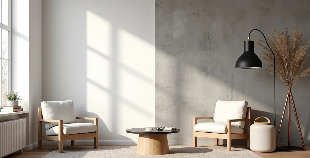 Collage verschiedener Einrichtungsstile mit 80% Basis-Scandi und 20% Industrial-Akzenten