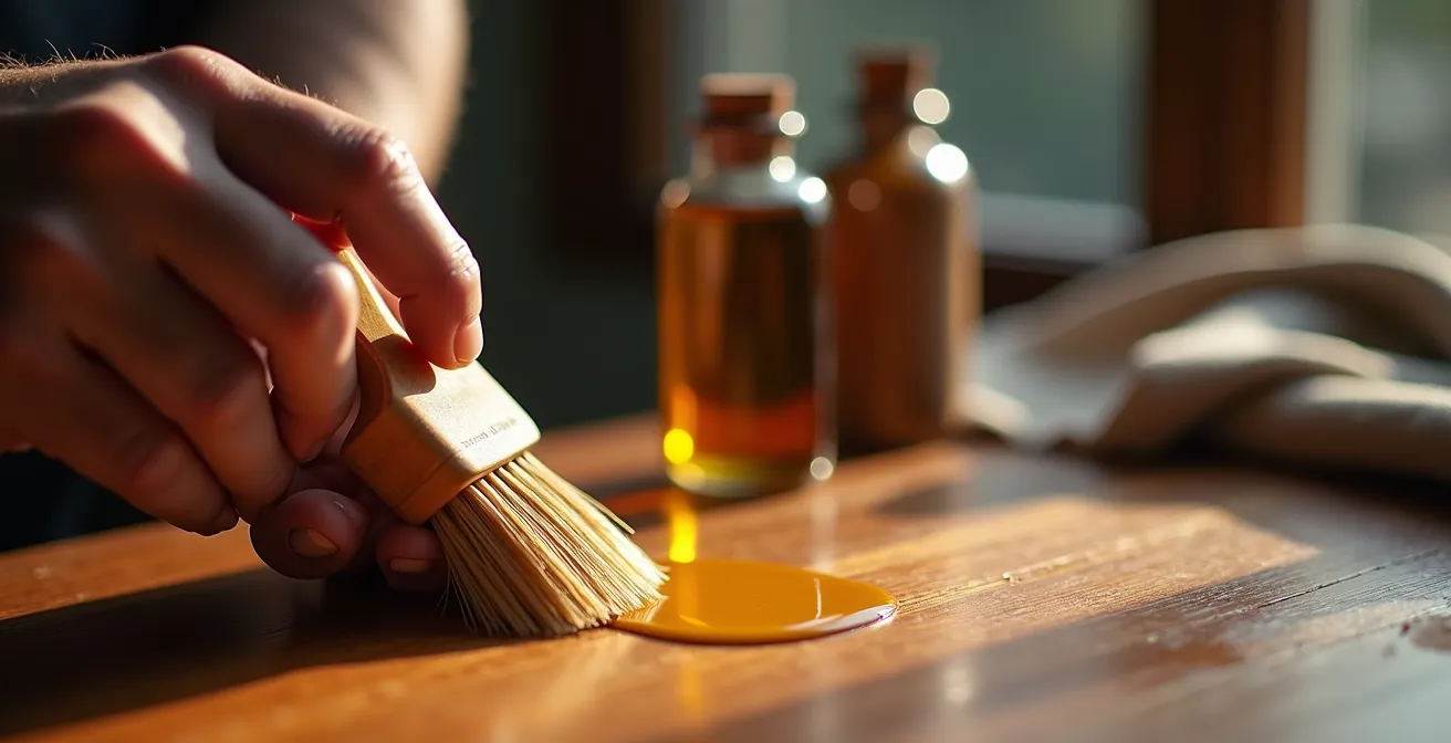 Nahaufnahme einer Hand beim Ölen eines Teakholz-Tisches
