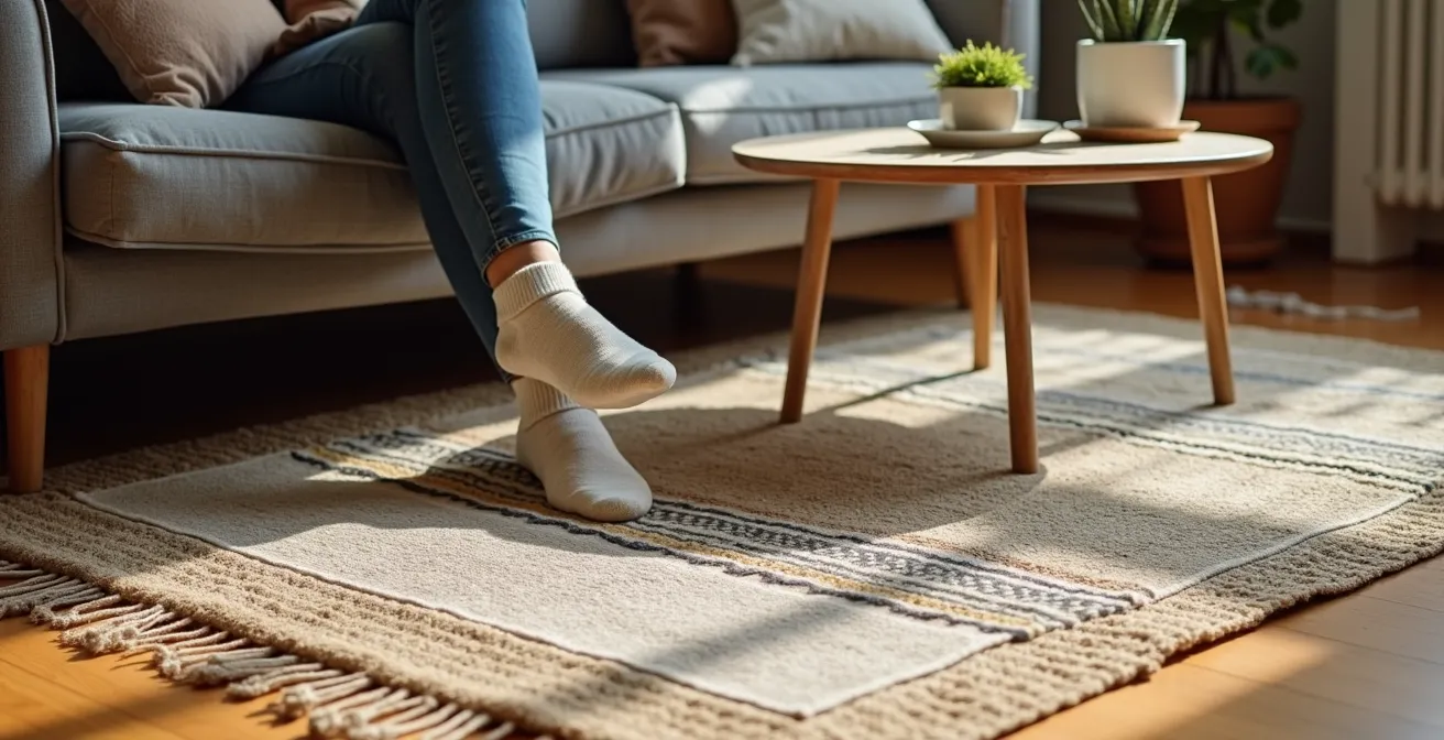 Wohnzimmer mit geschichteten Teppichen zur Zonierung der Sitzgruppe