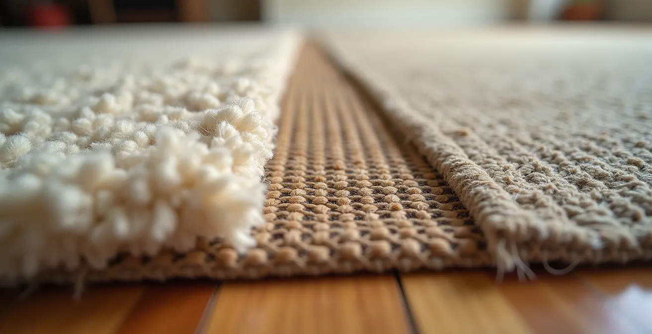 Geschichtete Teppiche in verschiedenen Texturen zeigen akustische Schichtung im Wohnbereich