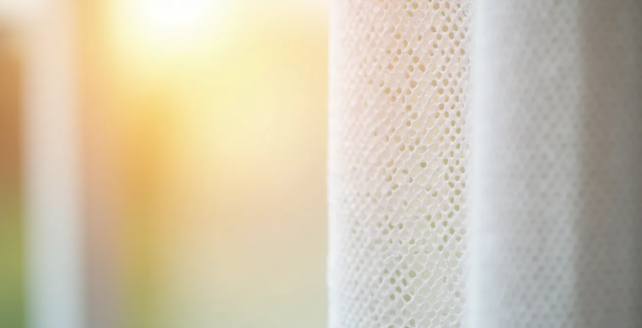 Nahaufnahme eines Thermostoffs mit sichtbarer Wabenstruktur am Fenster