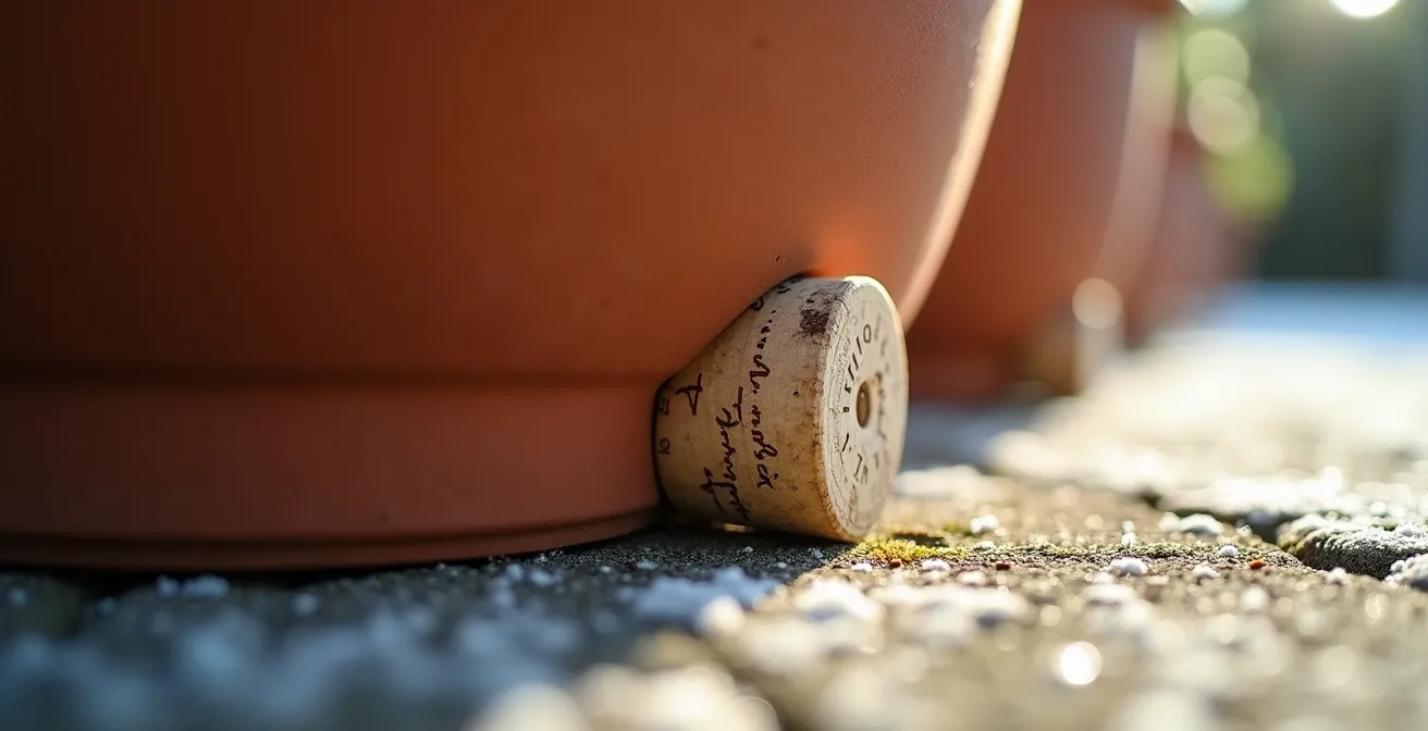 Makroaufnahme von DIY-Topffüssen aus Korken, die unter einem Terrakottatopf als Frostschutz dienen