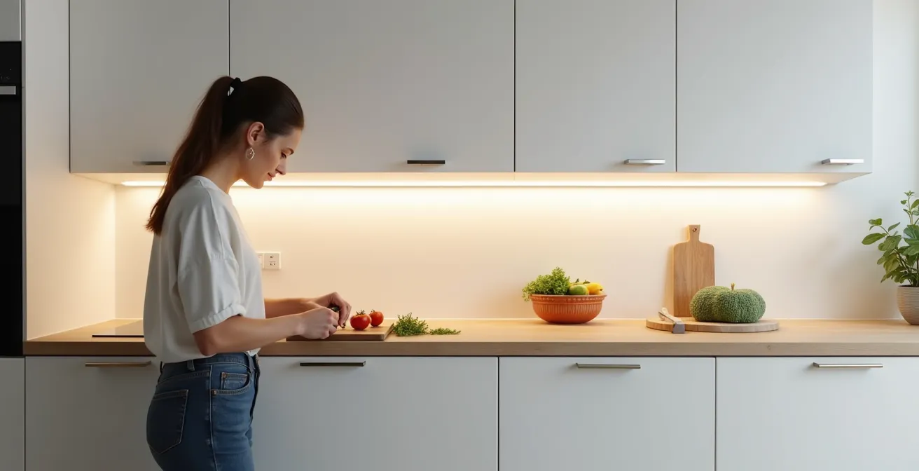 Querschnitt einer Küche, der die ideale Positionierung von Unterbauleuchten im vorderen Drittel des Schranks zur Vermeidung von Schatten zeigt