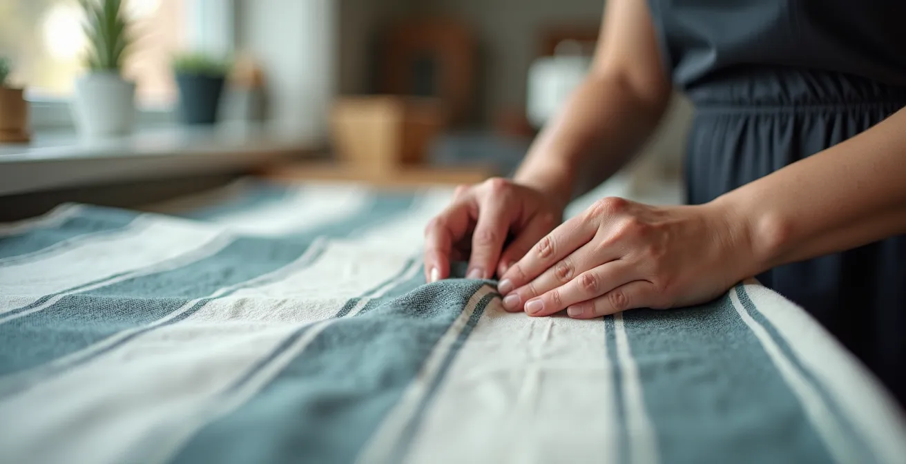 Detailansicht zweier Vorhangbahnen mit perfekt ausgerichtetem Streifenmuster an der Naht
