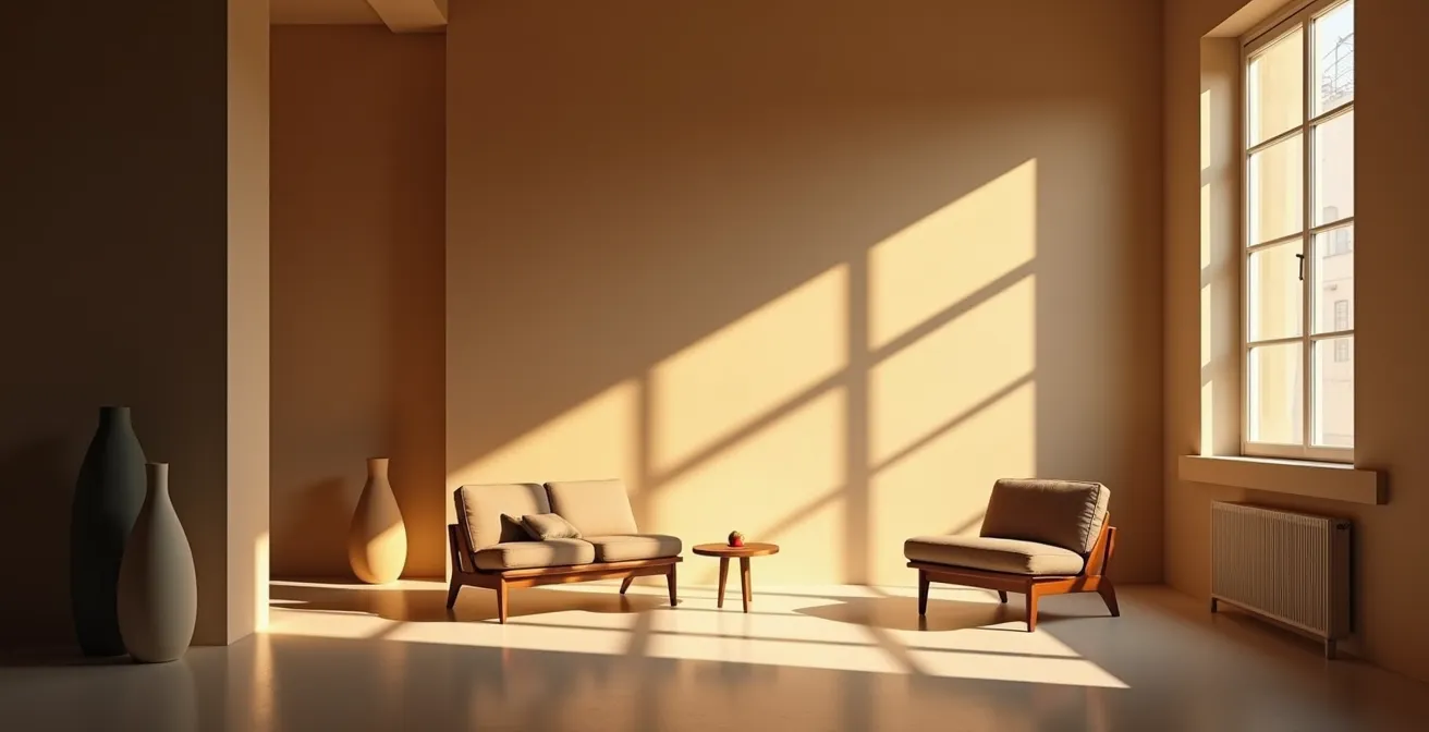 Kontrastreiches Spiel von Licht und Schatten in einem modernen Wohnraum