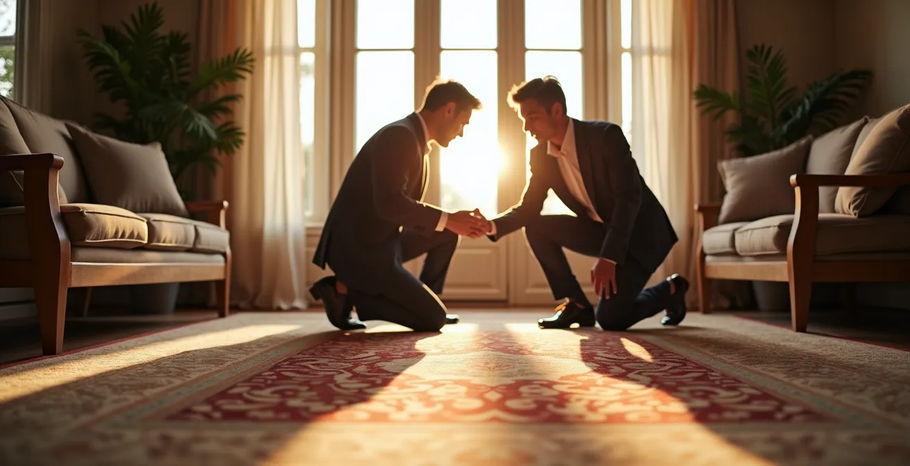 Elegantes Wohnzimmer mit optimal platziertem Orientteppich unter Sofagruppe