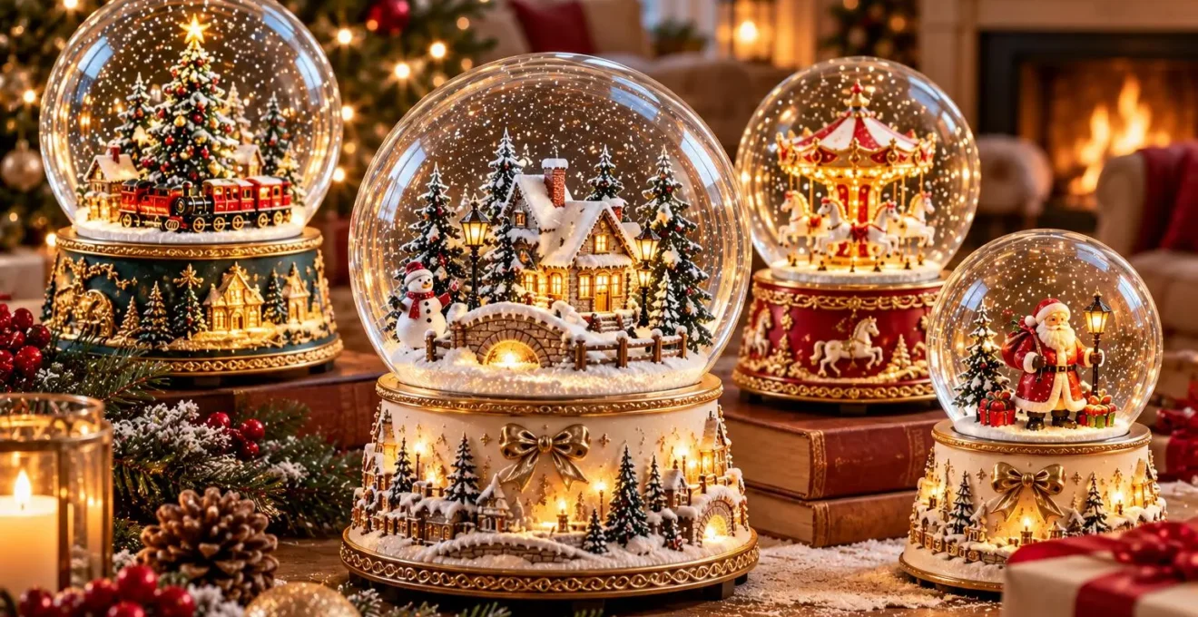 Hochwertige Schneekugeln mit verschneitem Haus, Weihnachtszug, Karussell und Weihnachtsmann in festlicher Winterdekoration
